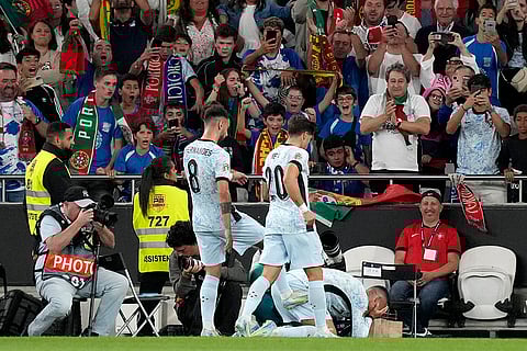 2024-25 Nations League Football Portugal vs Croatia: Portugal's Cristiano Ronaldo, right, celebrates after scoring his side's second goal